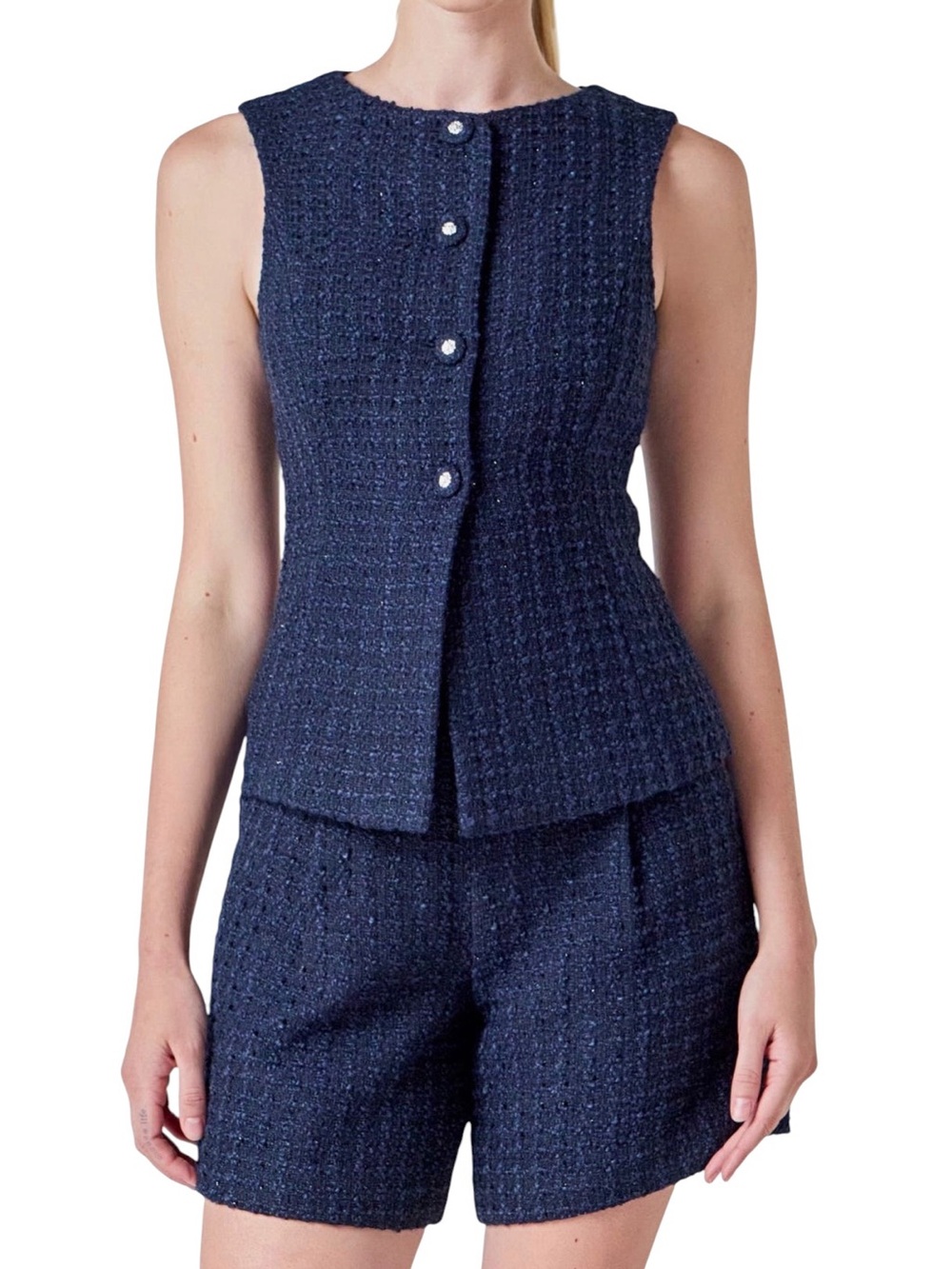 NWT Endless Rose Navy Tweed Vest Medium Crystal Button Sleeveless Jacket Top